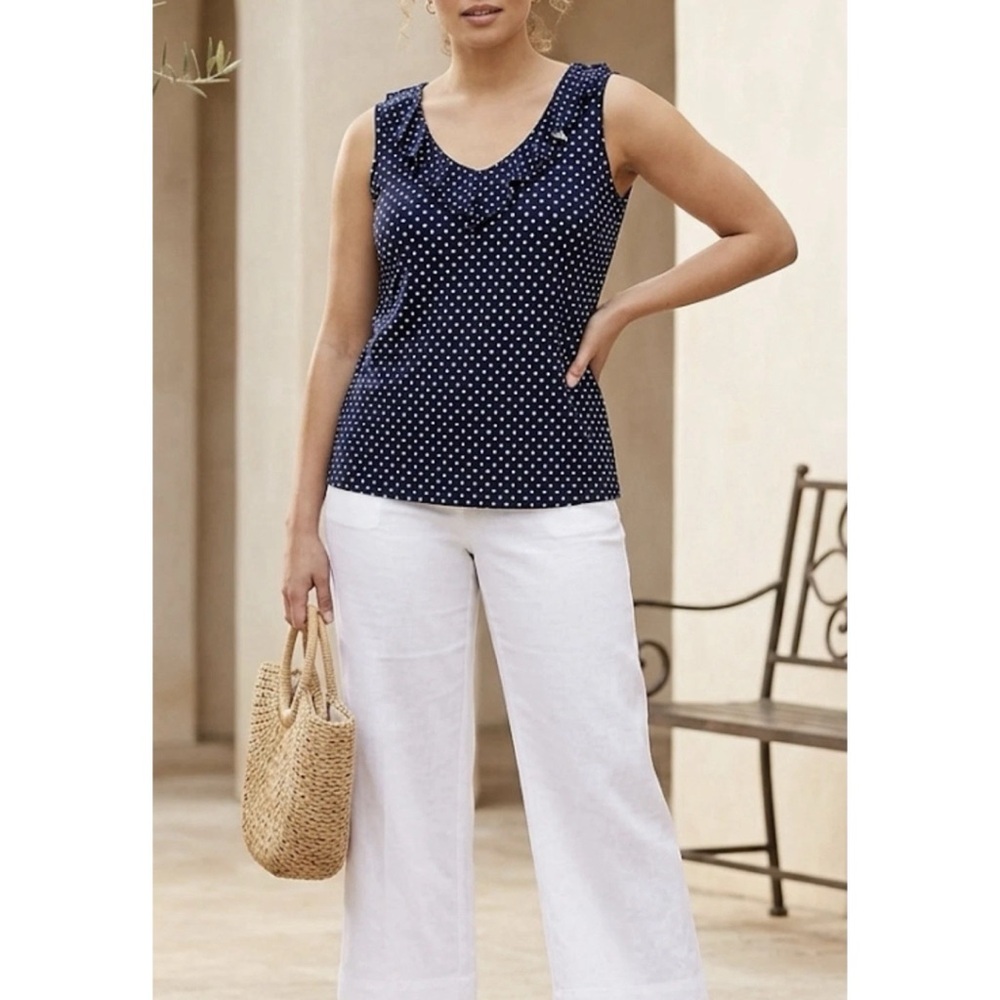 CHAPS SLEEVELESS RUFFLE TOP 2X POLKA DOT V NECK FEMININE COQUETTE CLASSIC PREPPY